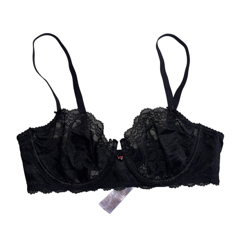 Black Floral Lace Unlined Underwire Bra with Heart Charm‎ 38D Coquette Dainty